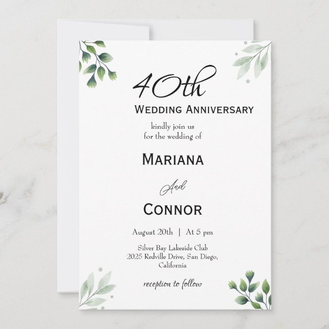Convite 40º aniversário de casamento da Green Leaf (Frente)