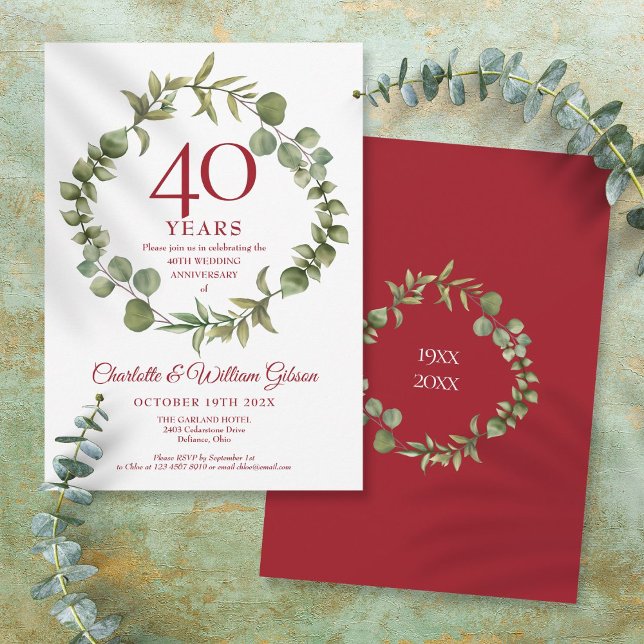 Convite 40º Aniversário de Casamento de Rubi Elegante Grin (40th Ruby Wedding Anniversary Elegant Garland Invitation)