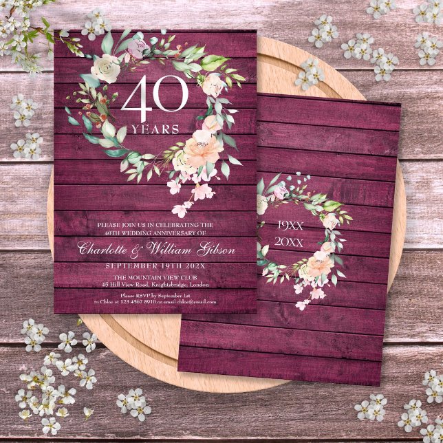 Convite 40º Aniversário de Casamento Floral em Madeira Ver (40th Ruby Red Wood Floral Wedding Anniversary Invitation)