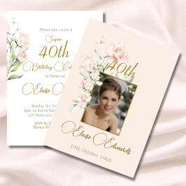 Convite 40º aniversário de Foto Floral Rosa-Rosa-Espelho S