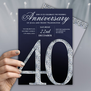 Convite 40º Aniversário Diamante Prata Azul-Marinho Modern