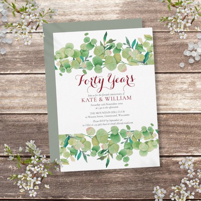 Convite 40º aniversário do casamento Ruby Chic Greenery (40th Ruby Wedding Anniversary Chic Greenery Invitation)