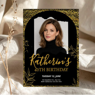 Convite 40º Aniversário Foto Elegante Preto e Dourado