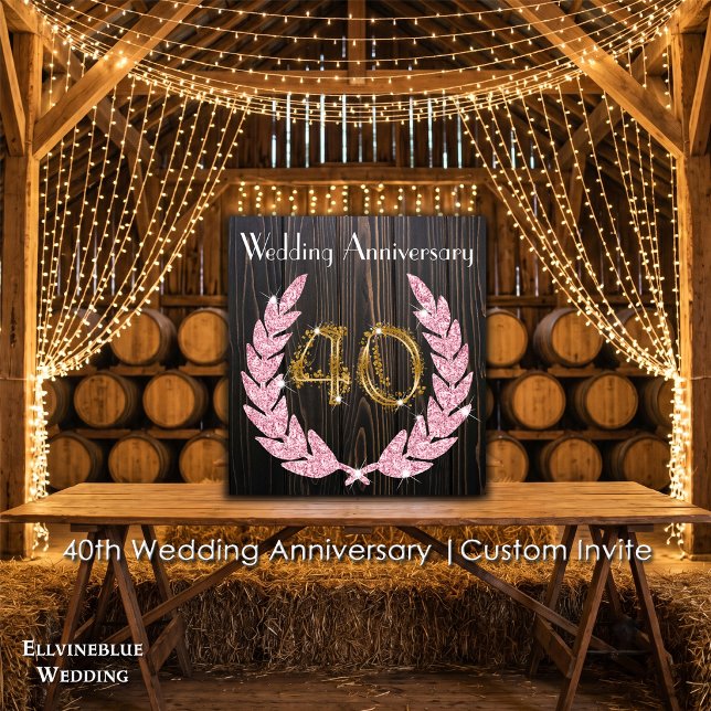 Convite 40º Aniversário | Madeira Rústica, Rubi & Dourado (40th Wedding Anniversary Invite | Rustic Wood & Ruby Laurel. Size: 5.25” x 5.25”)