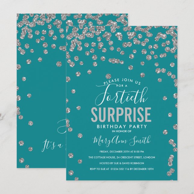 Convite 40º Aniversário Surpresa Teal Silver (Frente/Verso)