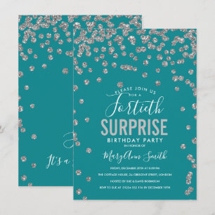 Convite 40º Aniversário Surpresa Teal Silver