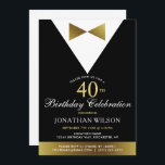 Convite 40º Convites, Festa de aniversário Dourada de Tuxe<br><div class="desc">Tem uma festa de aniversário de 40 anos para planejar alguém especial? Estes convites de smoking preto e dourado trarão elegância ao seu dia especial! Os ajustados clássicos de design com ideias de bolo de smoking preto e dourado. Estes 60º convites de aniversário podem ser facilmente personalizados com os nossos...</div>