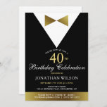 Convite 40º Convites, Festa de aniversário Dourada de Tuxe<br><div class="desc">Tem uma festa de aniversário de 40 anos para planejar alguém especial? Estes convites de smoking preto e dourado trarão elegância ao seu dia especial! Os ajustados clássicos de design com ideias de bolo de smoking preto e dourado. Estes 60º convites de aniversário podem ser facilmente personalizados com os nossos...</div>