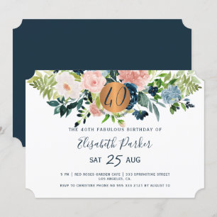 Convite 40º Festa de aniversário moderna floral marinha aq