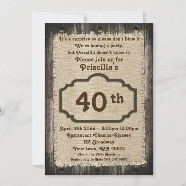 Convite 40º,Festa de aniversário, qualquer idade, madeira, (Frente)
