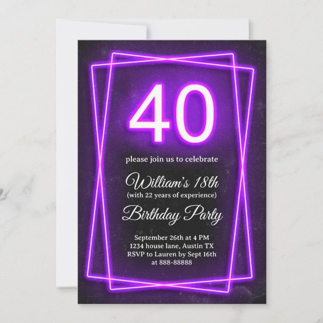 Convite 40º Funny Quarty Neon Lights Retro Black Birthday (Frente)
