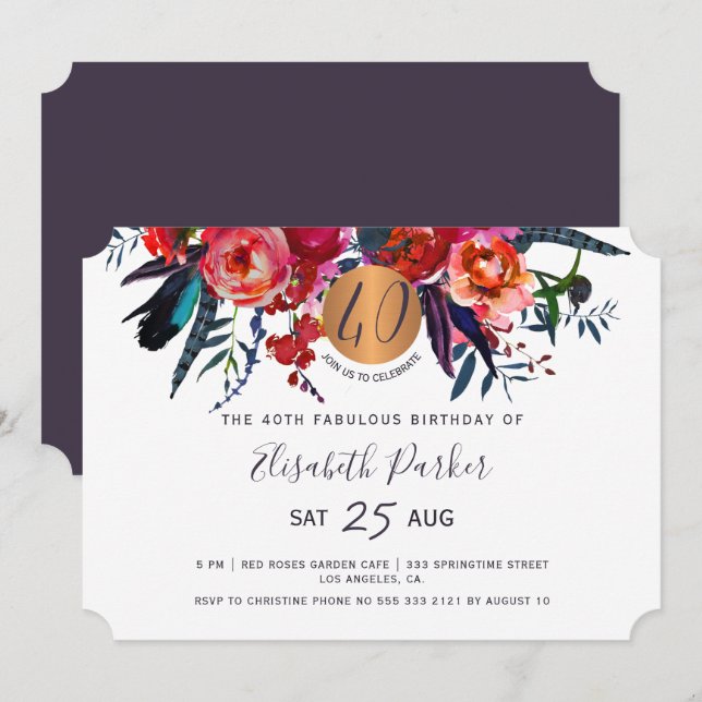 Convite 40.a festa de aniversário de aquarelas florais mod (Frente/Verso)
