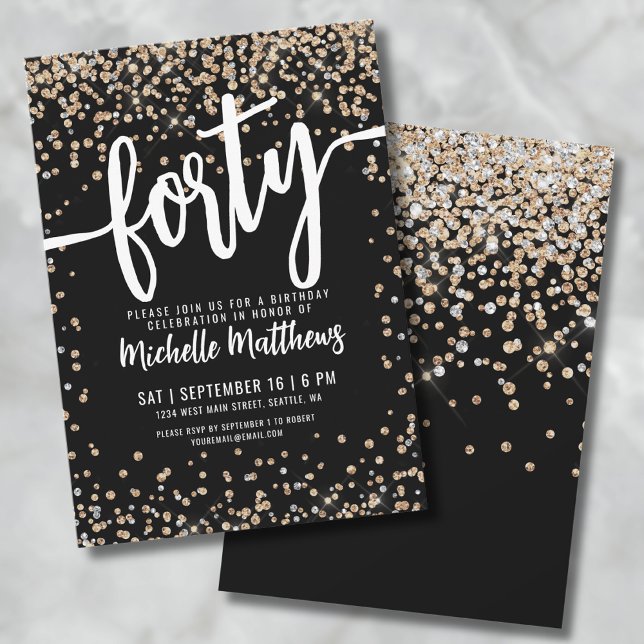 Convite 40 Black Dourado aniversário de 40 anos (Forty Black Gold Glitter 40th Birthday Invitation)