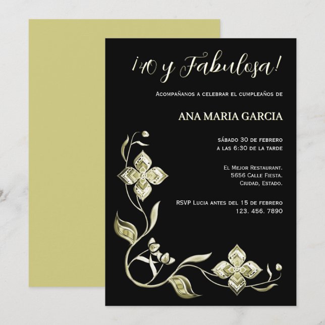 Convite ¡40 e Fabulosa! Aniversário Elegante Com Gemas (Frente/Verso)