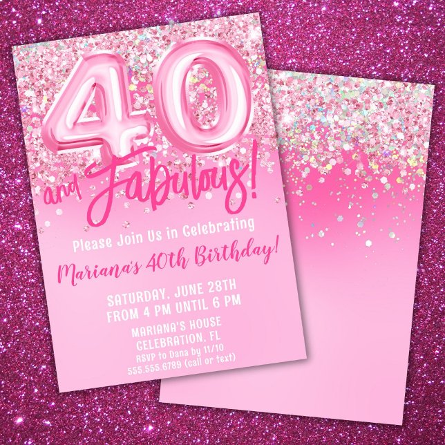 Convite 40 e Fabuloso Aniversário Brilho Rosa (Criador carregado)