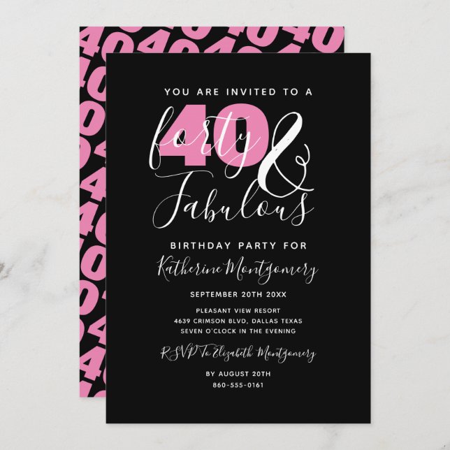 Convite 40 E Fabuloso aniversário de 40 anos Elegante (Frente/Verso)