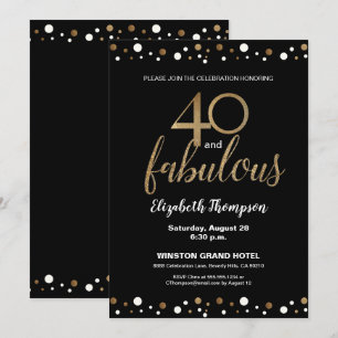 Convite 40 e fabuloso aniversário de 40 anos preto Dourad