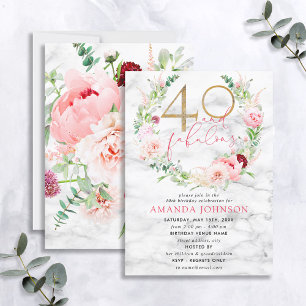 Convite 40 e Fabuloso Aniversário de Mármore Floral Rosa