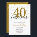 Convite 40 e Fabuloso aniversário Dourado e Negro Elegante<br><div class="desc">Este elegante script chic 40 e fabuloso convite de aniversário de confetti estrelas douradas pode ser personalizado com seus detalhes de festa de aniversário definidos em texto moderno. O reverso tem estrelas douradas confetti em um fundo de ouro complementar. Projetado por Thisnotme©</div>