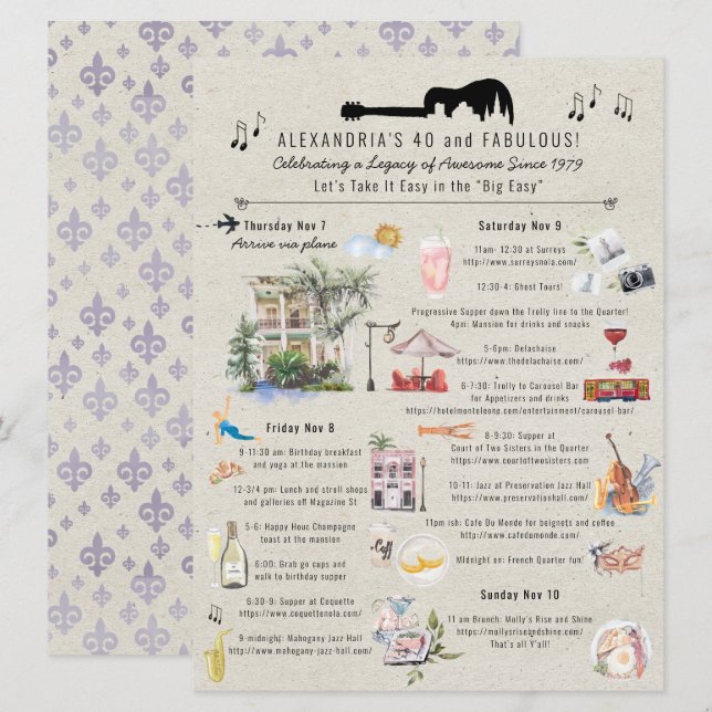 Convite 40 e Fabuloso | Nova Orleans Aniversário Itinerári (Frente/Verso)