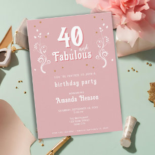 Convite 40 e Folhagem Fabulosa Rosa Aniversário de 40 anos