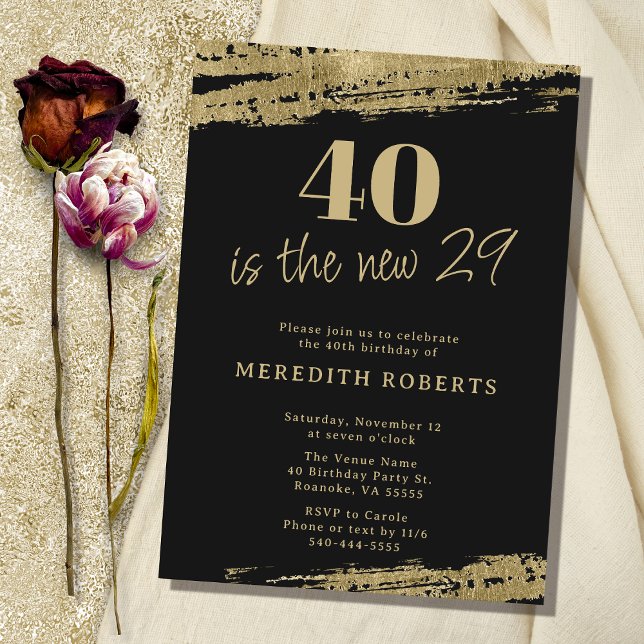 Convite 40 é o Novo 29 Partido Negro Dourado (40 is the New 29 Gold Black 40th Birthday Party Invitation)