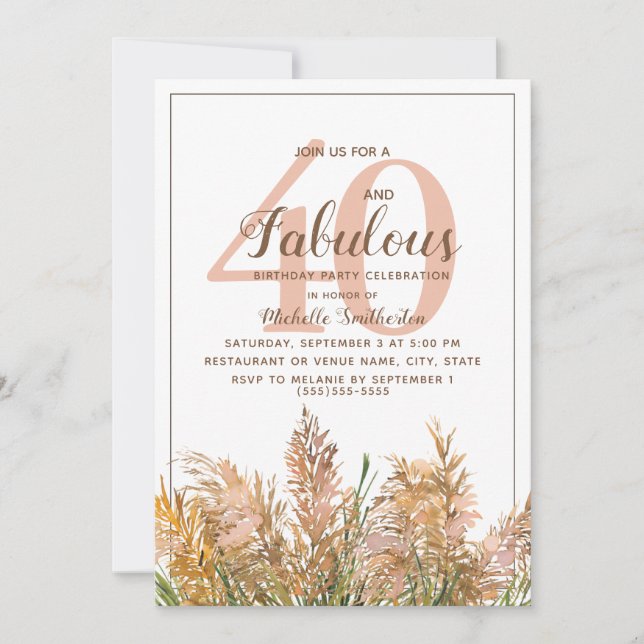 Convite 40 Fabulosas Pampas em Branco Aniversário (Frente)