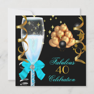 Convite 40 & Fabuloso Champanhe de Aniversário Azul Teal D