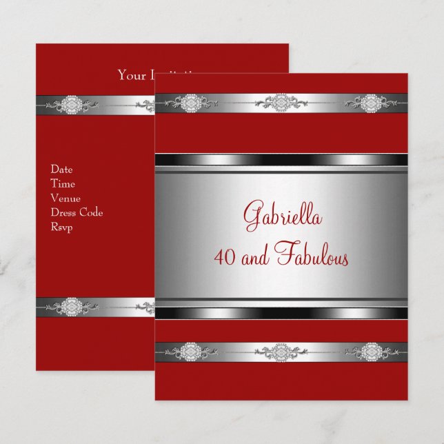 Convite 40 & Fabuloso Vermelho com Corte de Joia Prateada  (Frente/Verso)