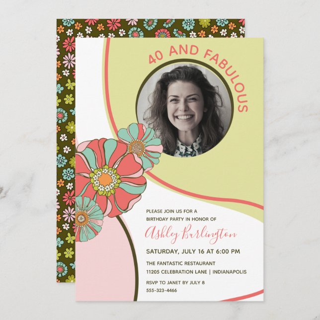 Convite 40 & Fabulous Retro Floral Photo Invitation (Frente/Verso)