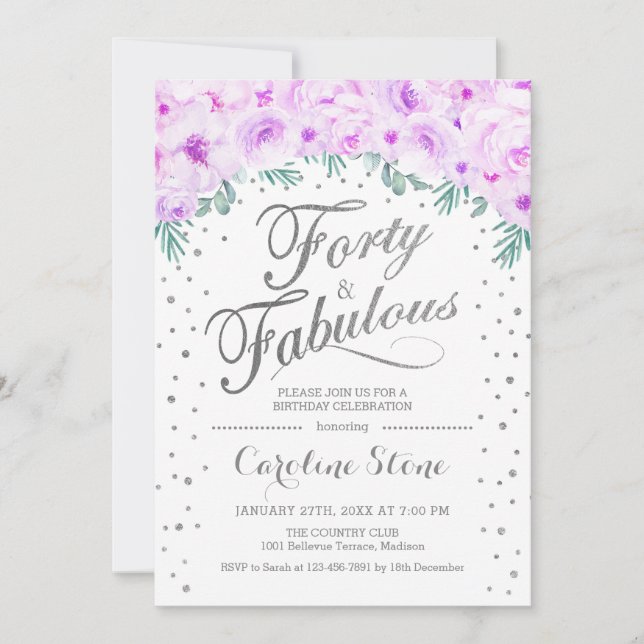 Convite 40 Festa de aniversário fabulosa - Prata branca Ro (Frente)