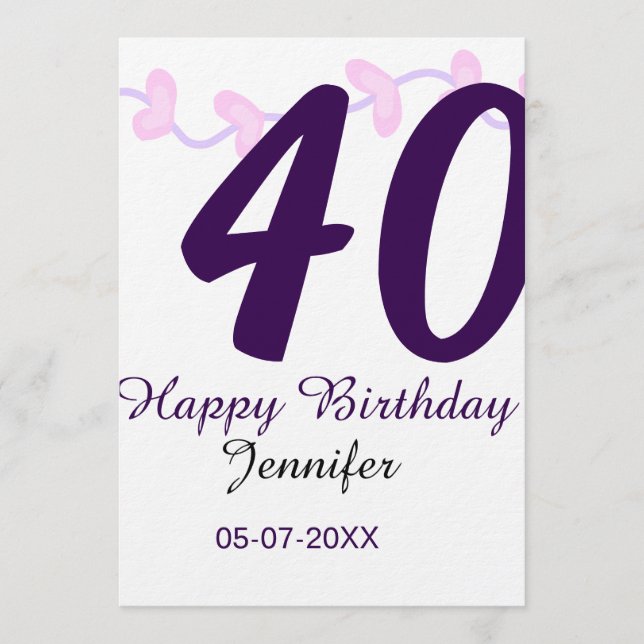 Convite 40th birthday add name date year purple floral pin (Frente)