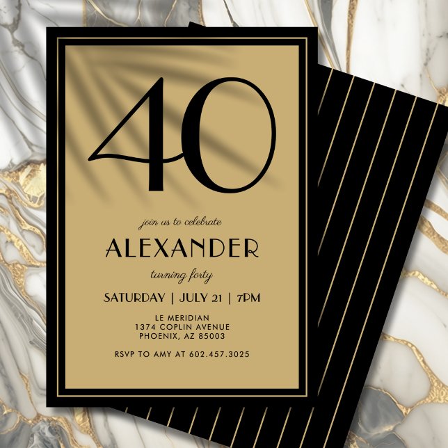 Convite 40th Birthday Adult Black and Gold Modern Minimal  (A timeless black and gold invite that feels modern, elegant, and upscale.)