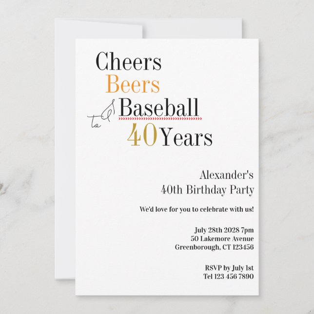 Convite 40th Birthday Baseball Cheers Beers 40 Years Party (Frente)