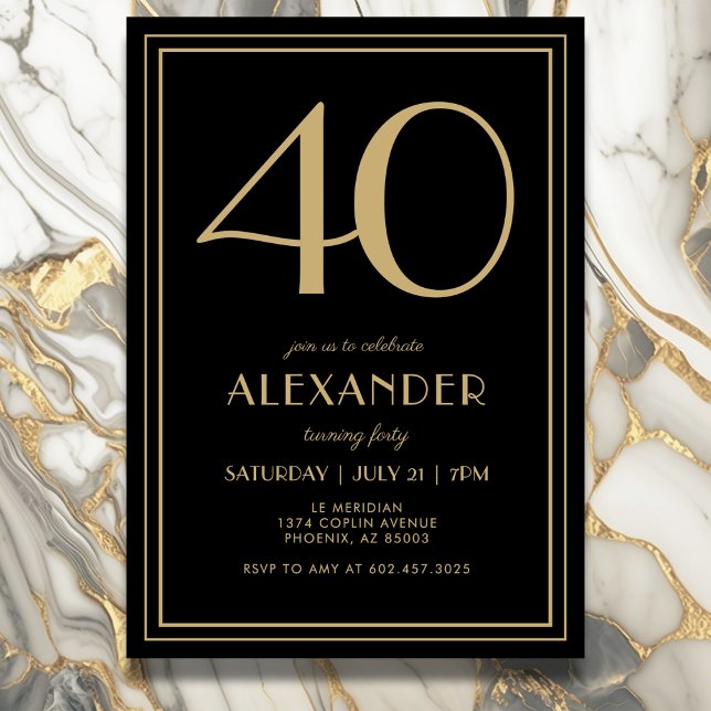 Convite 40th Birthday Black and Gold Modern Minimal Adult (Elegant black and gold 40th birthday invitation design for him or her.)