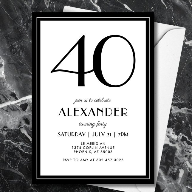 Convite 40th Birthday Black and White Modern Minimalist  (A chic black and white invitation that blends modern minimal design with elegance.)