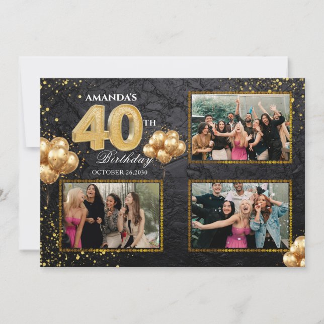 Convite 40th Birthday Gold Silver Black Balloons (Frente)