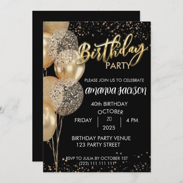 Convite 40th Birthday Invitation Black Gold Balloons (Frente/Verso)