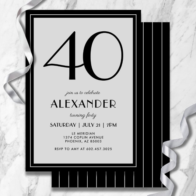 Convite 40th Birthday Modern Minimalist Mens Black Gray (A chic, gender-neutral invitation perfect for any milestone birthday.)