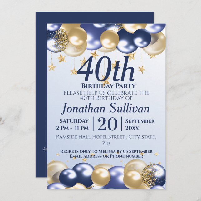 Convite 40th Birthday Navy Gold Balloons Party (Frente/Verso)