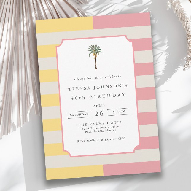 Convite 40th Birthday Palm Beach Pastel Stripe Tropical (Available in both printed and instant download digital formats.)
