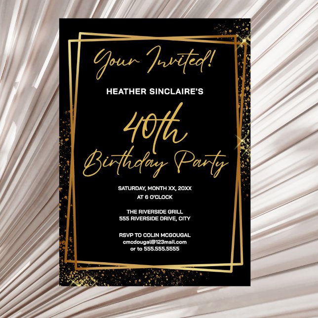 Convite 40th Birthday Party Invitation Gold and Black (0th Birthday Party Invitation Gold and Black)