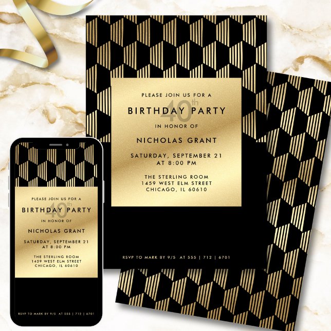 Convite 40th Birthday Party Modern Black and Gold Foil (Criador carregado)
