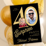Convite 40th birthday photo black gold 40 years party<br><div class="desc">Trendy bold typography 40th birthday surprise party invitation with 2 photos and modern retro style script. Easy to personalize with your text and pictures.</div>