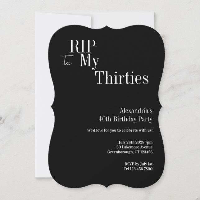 Convite 40th Birthday RIP 30s Black and White Party (Frente)