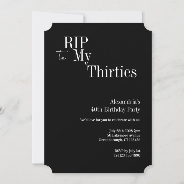 Convite 40th Birthday RIP 30s Black and White Party (Frente)