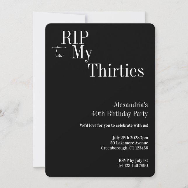 Convite 40th Birthday RIP 30s Black and White Party (Frente)