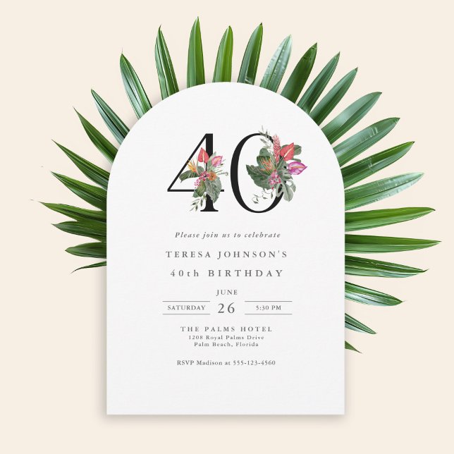 Convite 40th Birthday Simple Elegant Tropical Invitation (Available in both printed and instant download digital formats.)