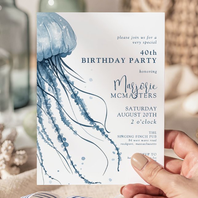 Convite 40th Birthday Simple Modern Coastal Jellyfish (Criador carregado)