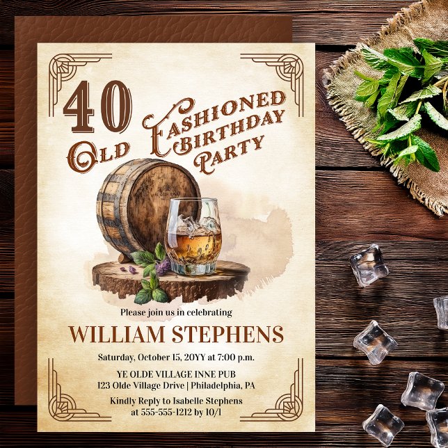 Convite 40th Old Fashioned Whiskey Barrel Birthday Party (Old Fashioned whiskey barrel 40th birthday invitation vintage masculine style)